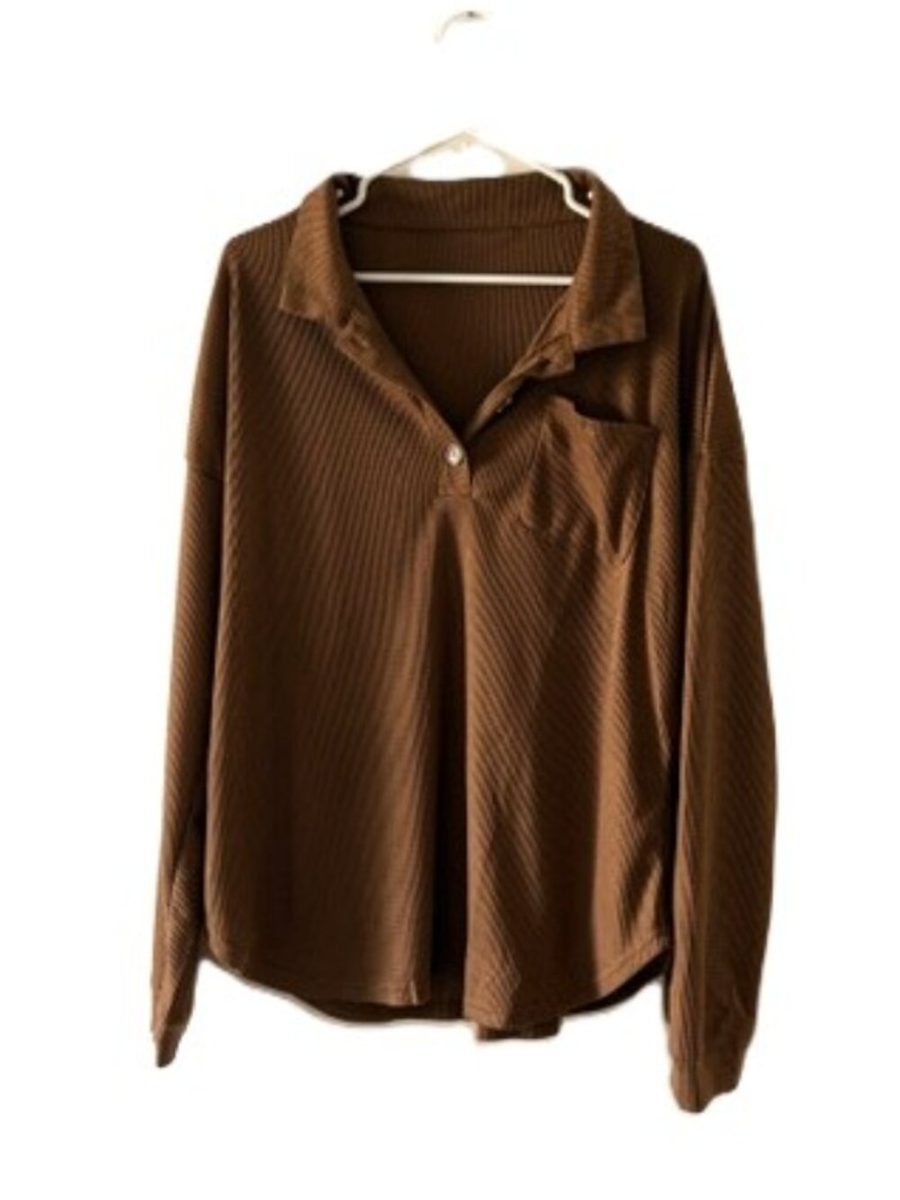 Brown Lightweight Pull-Over V-Neck Top with Long Sleeves